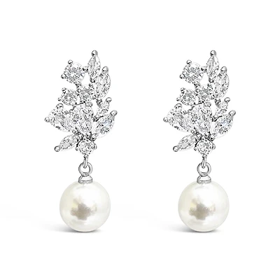 Bridal  Silver Tear Drop Pearl   Cubic Zirconia Earrings 155162
