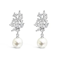 Bridal  Silver Tear Drop Pearl   Cubic Zirconia Earrings 155162