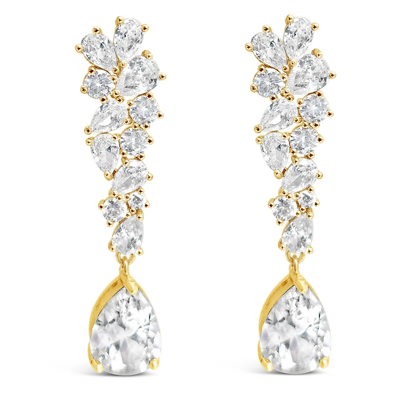 Bridal  Gold Tear Drop Cluster  Long  Cubic Zirconia Earrings 155182