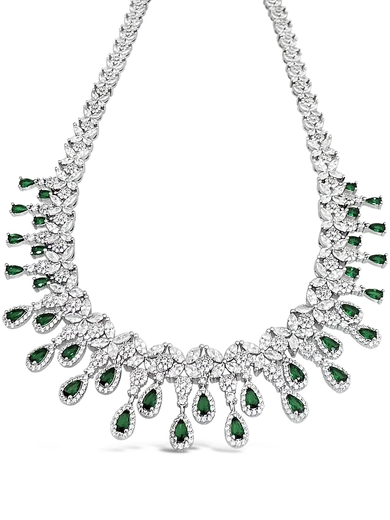 Bridal Silver Tear Drop Emerald  Cubic Zirconia Necklace +Earrings Set155006