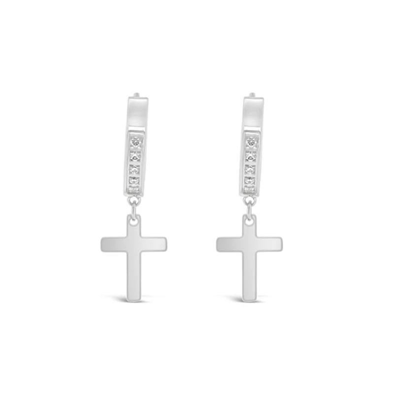 Stainless Steel Cubic Zirconia Silver Cross Huggie Earrings 150103