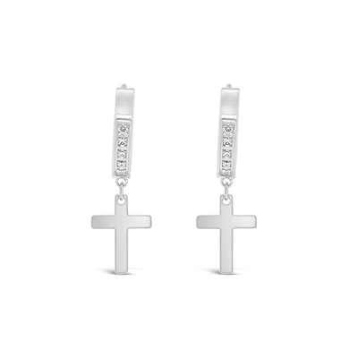 Stainless Steel Cubic Zirconia Silver Cross Huggie Earrings 150103