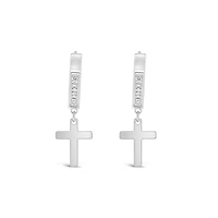 Stainless Steel Cubic Zirconia Silver Cross Huggie Earrings 150103