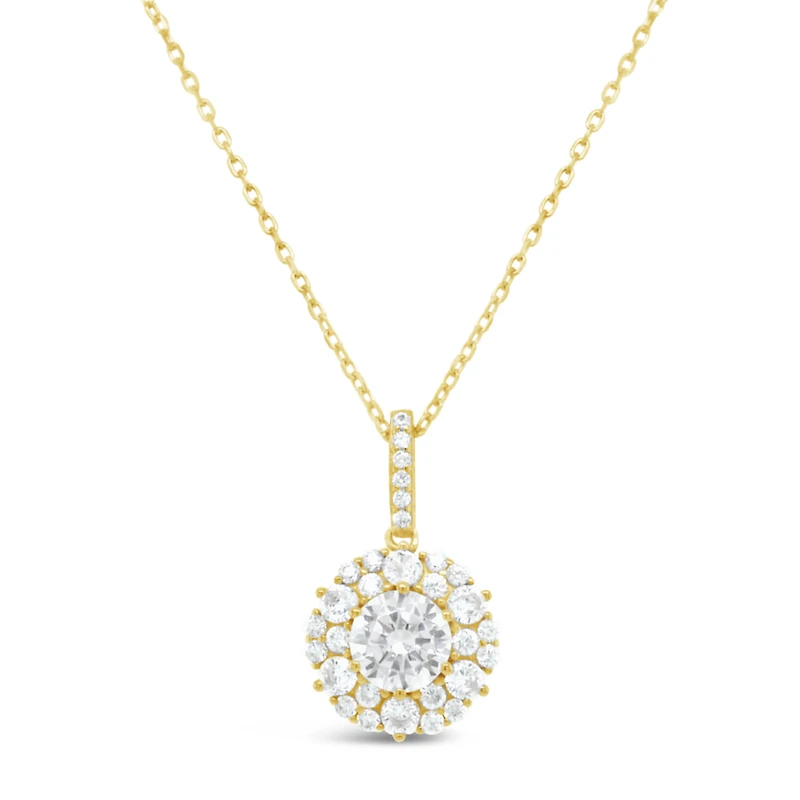 Yellow Gold Plated Sterling Silver Round Outline Cubic Zirconia Necklace 155046