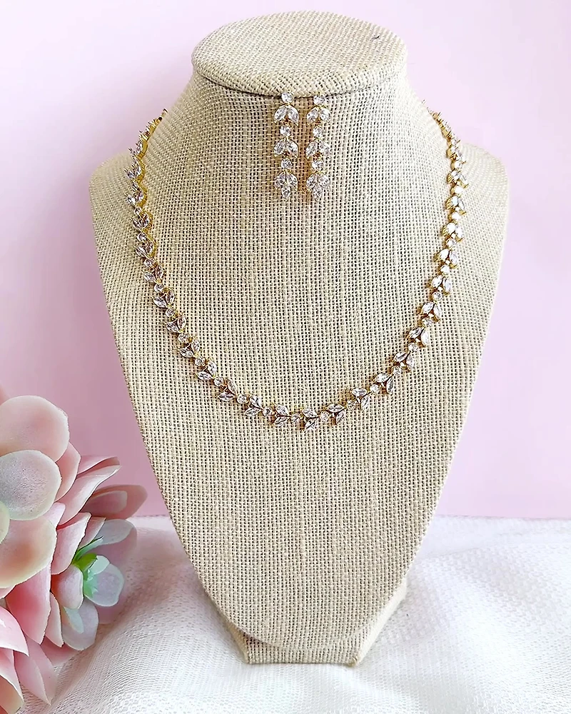 Bridal Gold Cubic Zirconia Necklace and Earrings Set