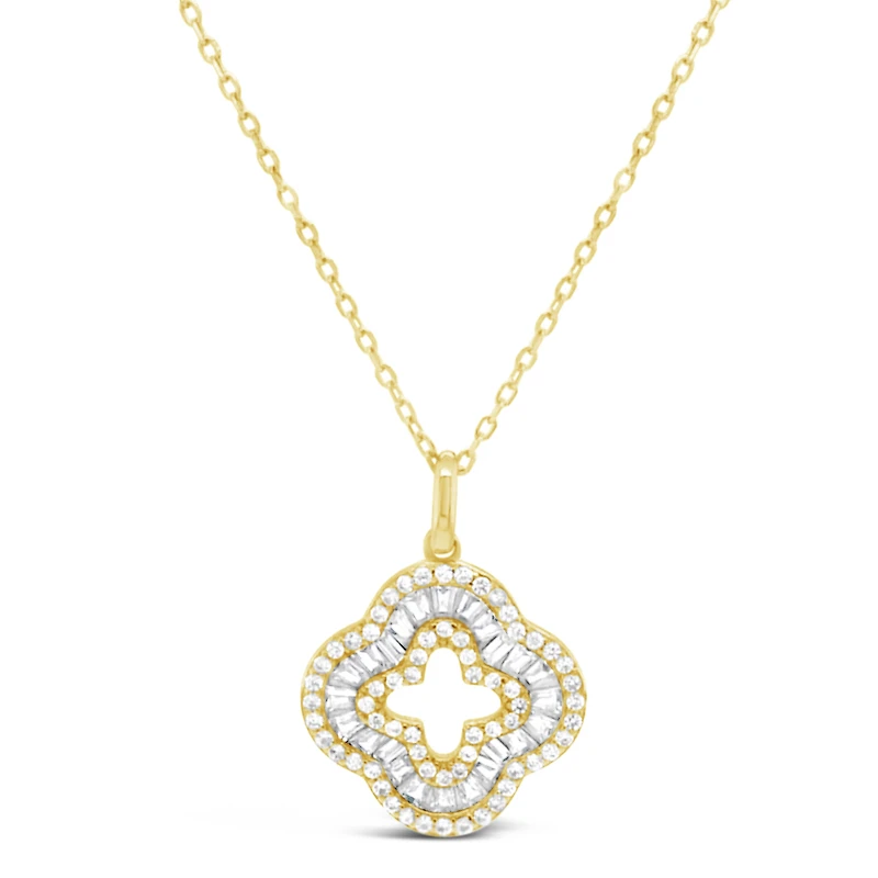 Yellow Gold Plated Sterling Silver Clover Baguette Cubic Zirconia Necklace155058