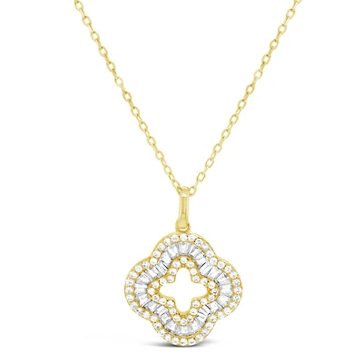Yellow Gold Plated Sterling Silver Clover Baguette Cubic Zirconia Necklace155058