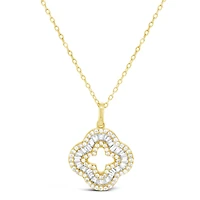 Yellow Gold Plated Sterling Silver Clover Baguette Cubic Zirconia Necklace155058