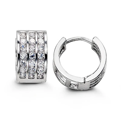 Sterling Silver CZ Huggies, Three Row Channel