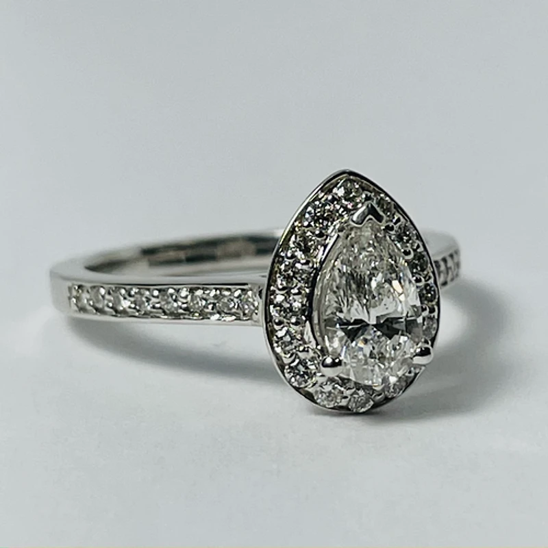 14kt White Gold Pear Shaped Diamond Halo Engagement Ring