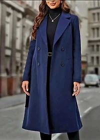 Double-Breasted Belted Overcoat -DARK NAVY BLUE