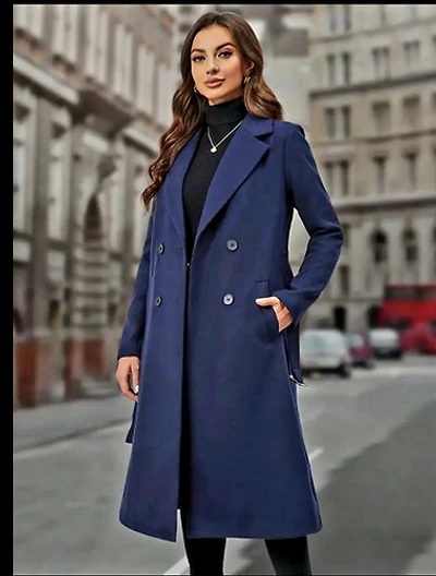 Double-Breasted Belted Overcoat -DARK NAVY BLUE