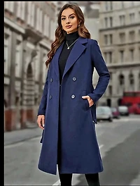 Double-Breasted Belted Overcoat -DARK NAVY BLUE