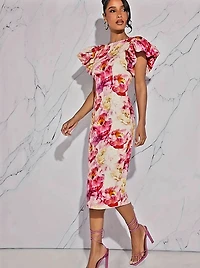 Floral Print Bodycon Dress - Sleeveless, Ruffle Detail
