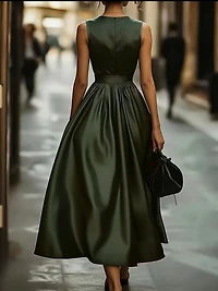 Olive Green Satin V-Neck Dress