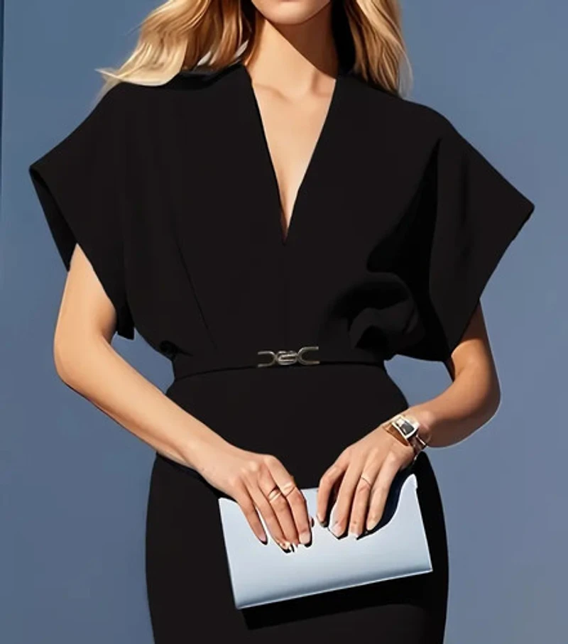 Elegant V-neck line Midi Dress with Belt