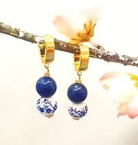 Blue Lapis Lasuli & Floral Porcelain Earring 