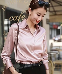 Elegant  Light Pink Satin Long Sleeve Shirt