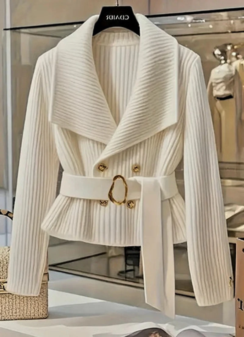 Elegant Off White Cardigan with Golden Buttons and Belt