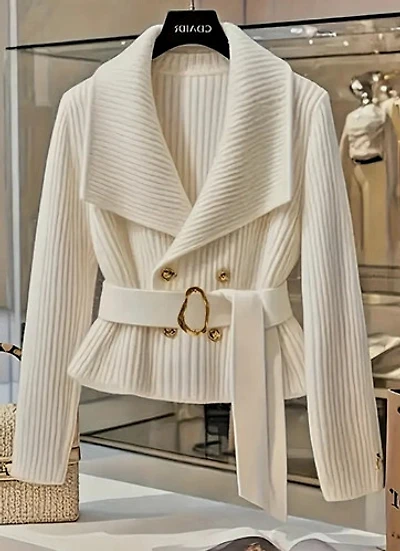 Elegant Off White  Cardigan with Golden Buttons and Belt