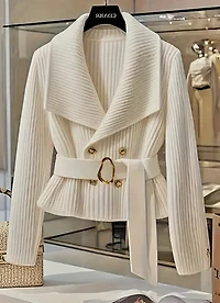 Elegant Off White  Cardigan with Golden Buttons and Belt