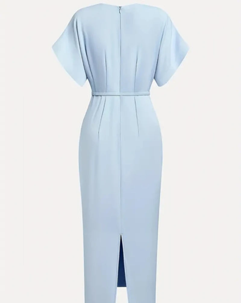Elegant Light Blue V-Neck A-Line Midi Dress with Belt