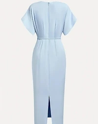 Elegant Light Blue V-Neck A-Line Midi Dress with Belt