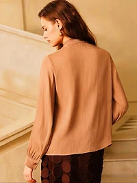 Elegant Long-sleeve Blouse with a High Neck and Tie-front