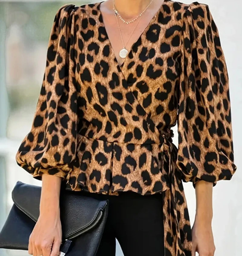 Leopard Print Cross Neck Tie-Front Blouse