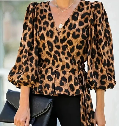 Leopard Print Cross Neck Tie-Front Blouse