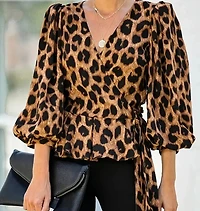 Leopard Print Cross Neck Tie-Front Blouse