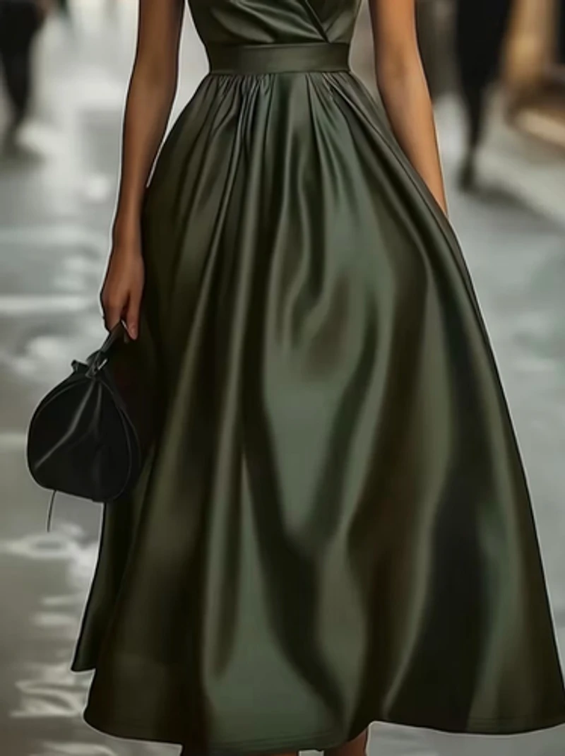 Olive Green Satin V-Neck Dress