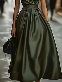 Olive Green Satin V-Neck Dress