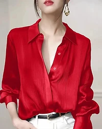 Elegant Women's Red Satin-Finish Shirt