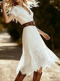 Fitted White Lace Midi Dress Short SleeveDress