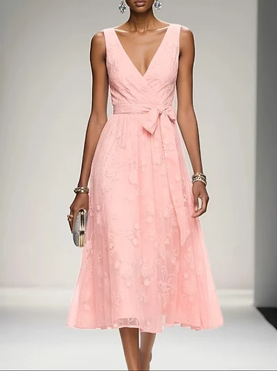 Deep V-Neck Dress Embroidered Sleeveless