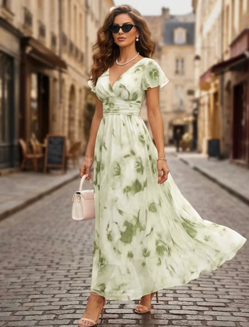 Elegant Ruffle Hem Floral Print Dress