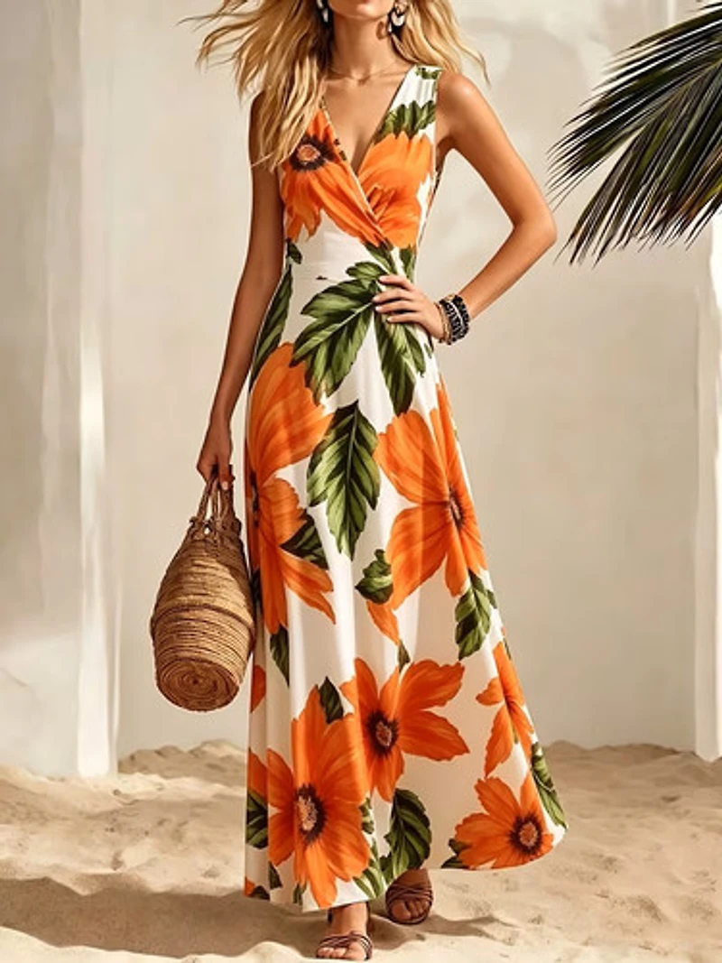 Tropical Floral Print Cinched Waist  V-Neck Long Dress