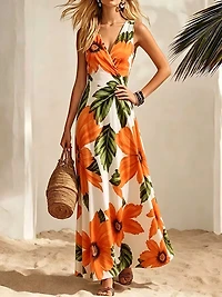 Tropical Floral Print Cinched Waist  V-Neck Long Dress