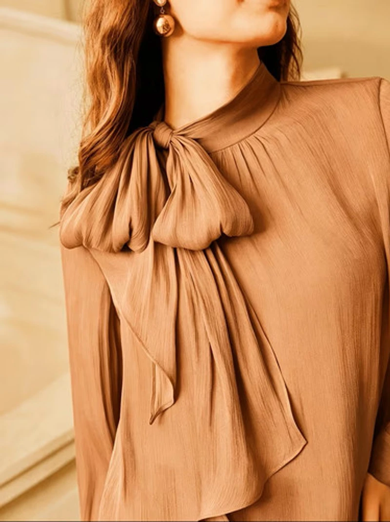 Elegant Long-sleeve Blouse with a High Neck and Tie-front