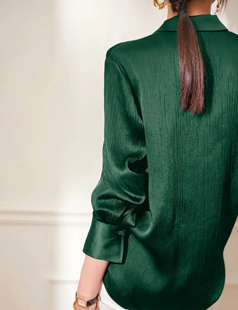 Dark Green  Satin Long Sleeve Blouse