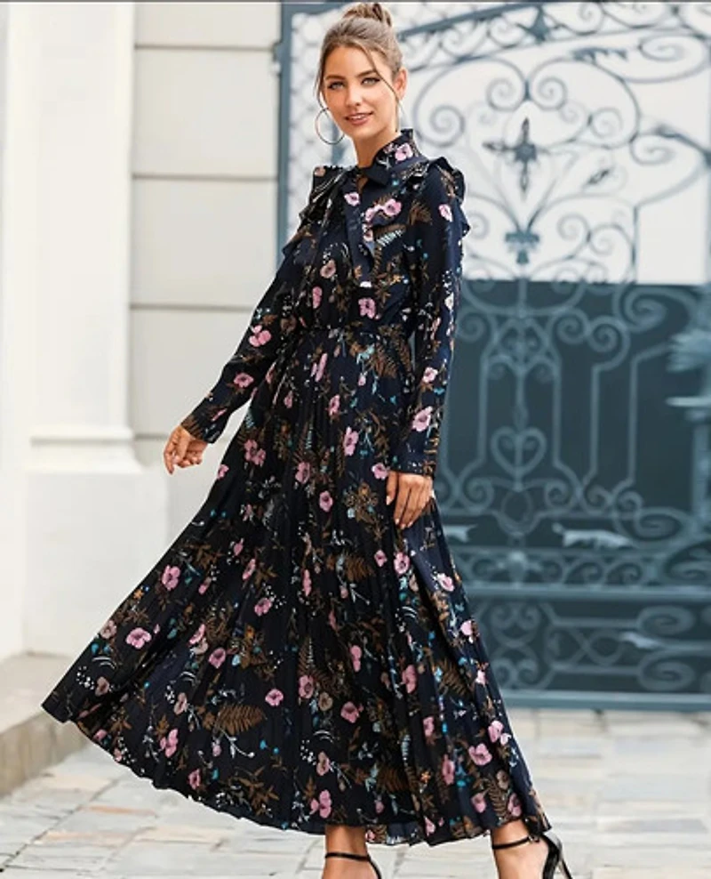 Navy-Blue Tie Floral Print Pleated Hem Dress