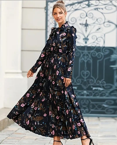 Navy-Blue Tie Floral Print Pleated Hem Dress
