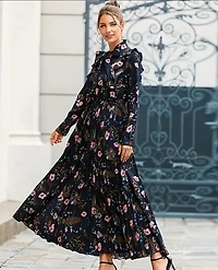 Navy-Blue Tie Floral Print Pleated Hem Dress