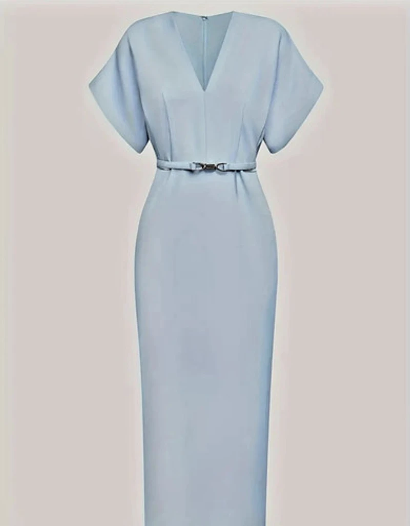 Elegant Light Blue V-Neck A-Line Midi Dress with Belt