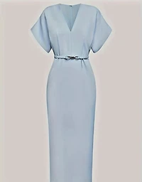 Elegant Light Blue V-Neck A-Line Midi Dress with Belt