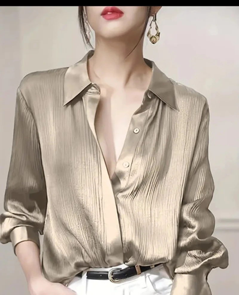 Light Gold Satin Long Sleeve Blouse