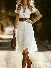 Fitted White Lace Midi Dress Short SleeveDress