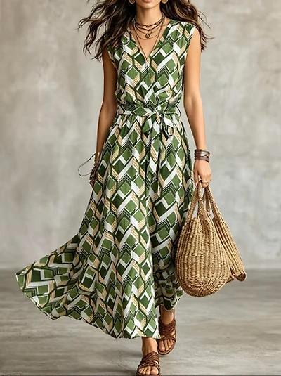 Geometric Print V-Neck Sleeveless Waist-Cinching Tie-Up Dress