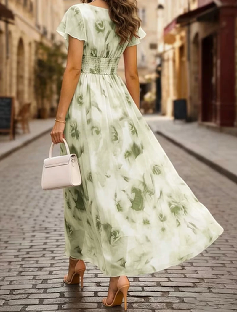 Elegant Ruffle Hem Floral Print Dress